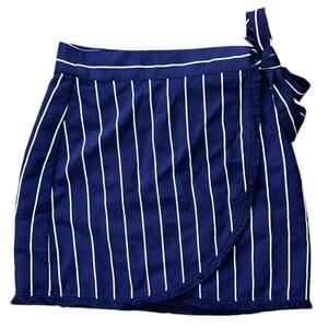 NWOT Dee Elly Full Wrap Navy Blue & White Striped Fringe Hem Mini Skirt Small